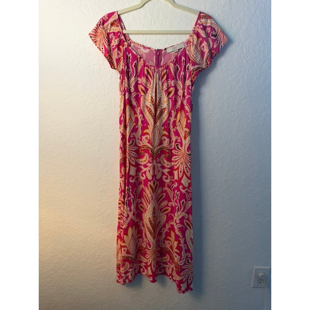 LOFT Petites Pink Paisley Cap Sleeve Midi Dress Scoop Neck Size 8P